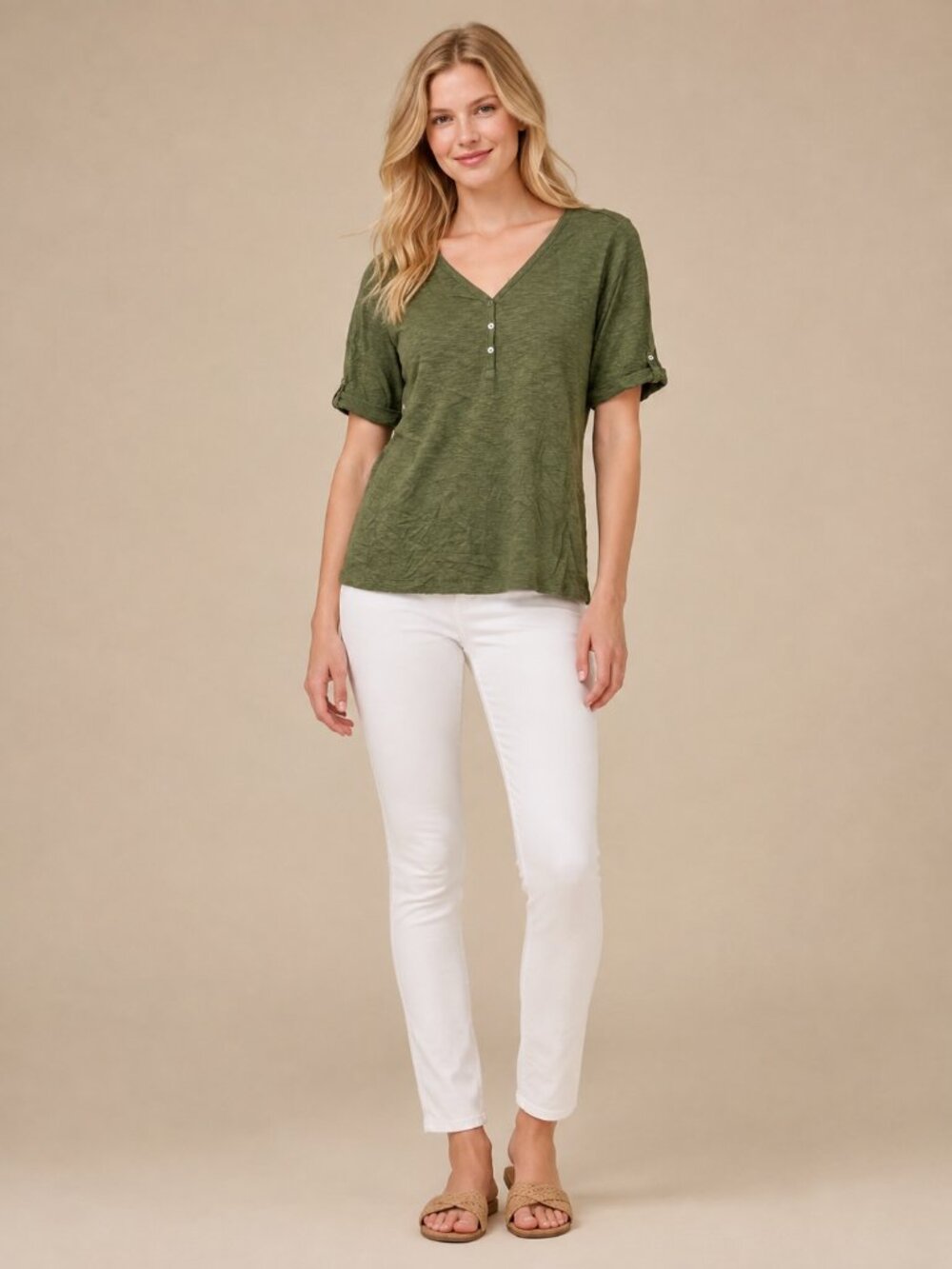 2/$30 Chico's The Ultimate Tee Henley Slub V-Neck Tab Sleeve Olive 12 #A4207